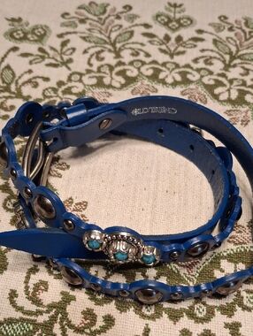 Blue Genuine Leather Belt with Turquoise and Studs Accents Size M